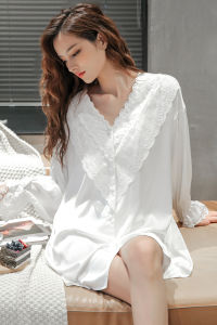 ชุดนอนผ้าไหมน้ำแข็งแขนยาวสีขาวเซ็กซี่คอวีแขนยาวเสื้อเชิ้ตผ้าไหมน้ำแข็งผู้หญิงฤดูใบไม้ร่วงฤดูใบไม้ผลิ ชุดนอนสตรี