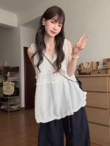 Áo Sơ Mi Nữ Tay Ngắn Cổ Chữ V Họa Tiết Chấm Bi Cỡ Lớn Mùa Hè Áo Vest Dây Thắt Lưng Thường Ngày Phong Cách Hàn Quốc