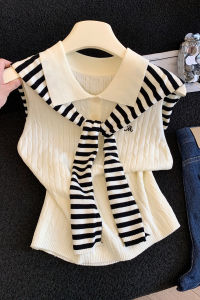 Korean Style Color Block Striped Knitwear Polo Collar Top Summer 2025 Womens Fashion Navigation System Matching Slim Fit