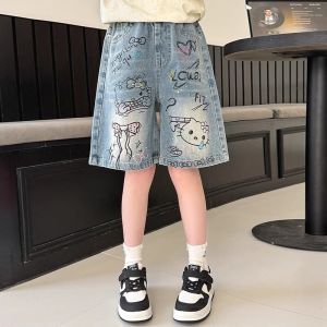 Sanrio | New Summer Girls Denim Shorts Cartoon Hello Kitty Fashion Loose Knee Length Jeans Pants For 4-14 Years Teen Kids Casual Trousers