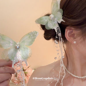Elegant Butterfly Net Tassel Imitation Pearl Hair Clip Sweet Atmosphere Duckbill Clip Fashionable Versatile Hair Accessories
