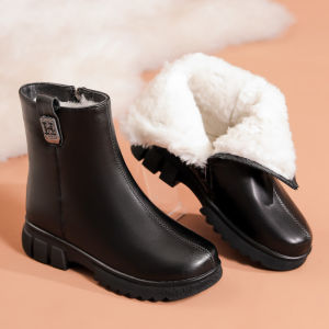 SHIPAILUO | Warm Fleece Lined Winter Martin Boots Womens Mid-Calf Cotton Shoes Real Leather Wool Snow Boots Comfortable Casual Round Toe