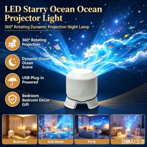 360° Rotating LED Ocean Projector Night Light USB Powered Starry Sky Lamp Dynamic Projection Ambient Lighting For Bedroom