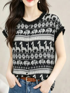 TIANQIANHUI | Black Floral Short Sleeve Thin Blouse Summer Lace Round Neck