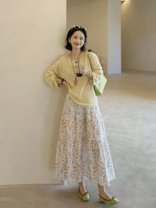 Váy Midi Chữ a Họa Tiết Hoa Mềm Mại Phong Cách Hàn Quốc Cạp Cao Xếp Ly Tăng Cường Dáng Mỏng Mùa Hè 2025 Váy Midi Dài Xếp Ly