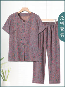 สไตล์คุณยาย ฤดูร้อน เสื้อสเวตเตอร์ ชุดแขนสั้นบาง ผู้หญิง ชุดสองชิ้นผู้สูงอายุ ลำลอง หลวม ชุดคอกลมปุ่มพอดี