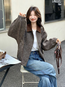 Retro Cool Grey Card Color Block Casual Womens Jacket Loose Fit Autumn New Style Versatile Leisure Fashion Outerwear