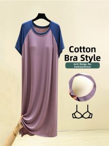 Womens Summer Modal Sleep Dress with Chest Pad One-Piece Wireless Bra Short Sleeve Thin Nightgown Home Clothes Dress