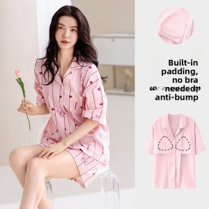 miiow | Pure Cotton Catwoman Sleepwear Womens Summer Short Sleeve Shorts With Chest Pad Cute Cartoon Outdoor Home Clothes