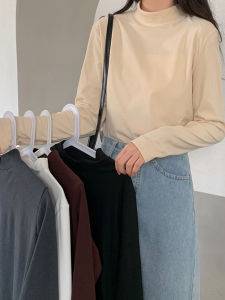 Womens Thickened Velvet Half High Collar Long Sleeve Base Shirt Winter Warm Inner Wear T-shirt Korean Style Slim Fit Top