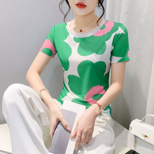 REHIN Crew Neck High Elastic Mesh Short Sleeve T-Shirt Summer Fashion Printed Slim Fit Elegant Womens top