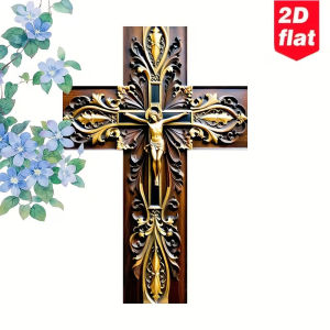 Wooden Retro Gold Crucifix Cross Wall Decor 2D Flat Print Religious Wall Art for Chapel Home Decoration