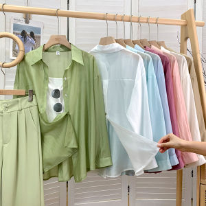 Áo Sơ Mi Chống Nắng Tay Dài Bằng Lụa Băng Thiết Kế Cao Cấp Dành Cho Nữ Mùa Hè Rộng Rãi Cổ Polo Màu Trơn Khóa Kéo Thoáng Khí