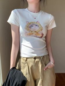 GEBEISHANG | Cat Print Crystal Embellished Round Neck Short Sleeve T-shirt