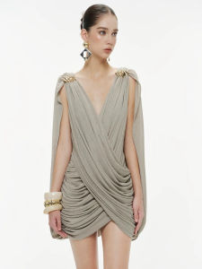 French V-Neck Wrinkled Sleeveless Fitted Slim Bodycon Mini Dress