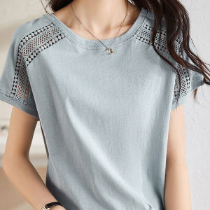 Elegant Lace Trim Splice Short Sleeve T-Shirt Womens Heavy Embroidery Hollow out Design Summer New Style Classy Top