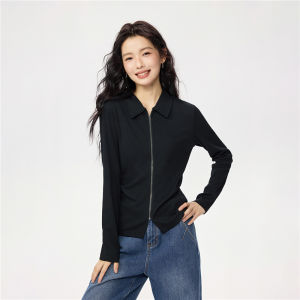 Giordano Knitted Slim Fit Long Sleeve Polo Shirt Zipper Collar Design Casual Fashion Womens Top Elegant Simple Style