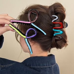 Fashionable Large Size Color Block Hair Claw Womens Wave Style Back of Head Shark Clamp Hair Accessory Fresh Outburst 2024