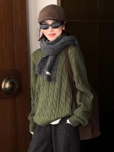 Loose Womens Knitted Sweater Spring Autumn New Style Green round Neck Overhead Twist Lazy Fashion Versatile Top