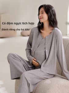 MiiOW | Bộ đồ ngủ cho bà bầu và sau sinh MiiOW Cat Person Bộ đồ ngủ dài tay cổ tròn mùa thu có đệm ngực Bộ đồ mặc nhà ba mảnh