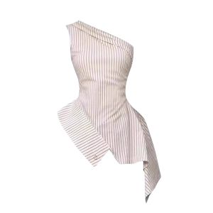 YUEZHONGWEI | Áo ba lỗ kẻ sọc không đều kiểu Pháp cho nữ mùa hè Áo khoác ngoài thiết kế eo nhỏ gợi cảm không tay áo sơ mi cổ tròn thường ngày