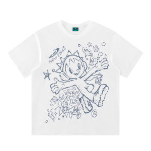 JNXS | Pop Pattern Loose Short Sleeve Summer Drop Shoulder Cotton Linen T-shirt