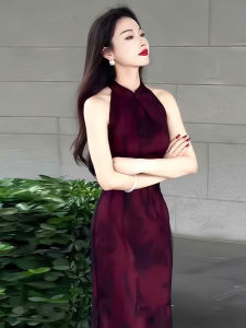 New Chinese Style Revamped Cheongsam Dress Womens Summer New Retro National Trend Neck Hanging Waist Slimming Body Contouring Dress