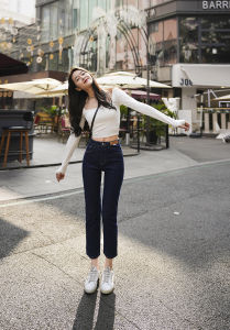 Slimming High Waist Straight Leg Nine Inch Jeans Womens Non-fading Cotton Stretch Denim Bootcut Trousers for plus Size