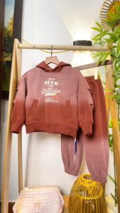 Bộ nỉ bé gái có mũ 5-12 tuổi phối ren hoa gấu áo chất liệu cao cấp kiểu dáng thời trang