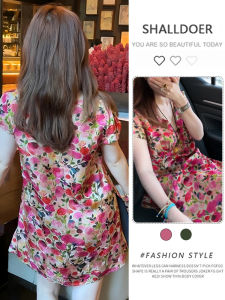 Shalldoer | Retro Hong Kong Style Fashionable V-neck Side Slit Short Sleeve Womens Shirt Summer Floral Print Sleeveless Top Casual Wear