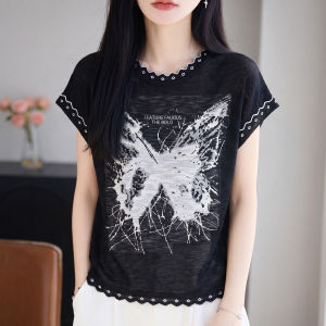 YUEXINYIRONG | French Bamboo Stripe Color Block Butterfly Print Sleeve T-shirt