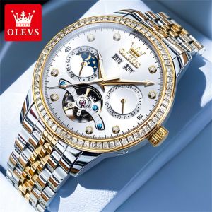OLEVS watch for men machine original 2024 top luxury mens fully automatic 100% waterproof dual calendar luminous skeleton dial stainless steel watch for men