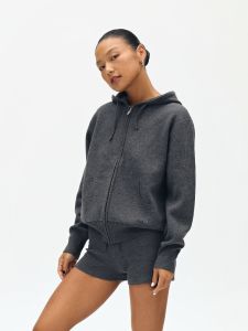 เสื้อแจ็คเก็ตสเวตเตอร์ถักมีฮู้ด Oneup สำหรับผู้หญิง ทรงหลวม สีเทา ซิป คาร์ดิแกน แขนยาว ปกติ ฤดูใบไม้ร่วง 2024