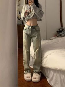 กางเกงยีนส์ทรงตรงเอวสูงสไตล์ย้อนยุคสำหรับผู้หญิง กางเกงขายาวทรงขากว้างหลวมๆ สไตล์สตรีทอเมริกัน ฤดูใบไม้ร่วง