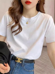 Solid Color Versatile White Cotton Loose Round Neck T-Shirt