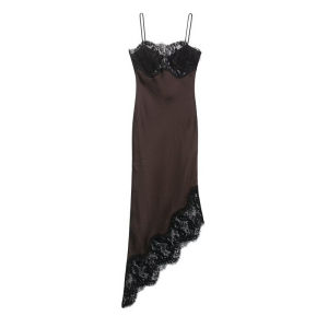 "Womens Brown Satin Slip Dress with Black Lace Trim Spaghetti Strap Asymmetric Hem Elegant Evening Party Dress