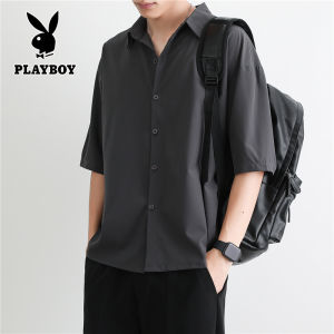 PLAYBOY Ice Silk Short Sleeve Shirt Mens Summer Shirt Loose Large Shirt for Mens Iron-free and Wrinkle Resistant