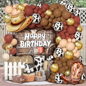 109PCS Western Cowboy-Themed Party Balloon Set with Skin Khaki Coffee and Gold Balloons Featuring a Cowboy Hat and Cowboy Boo