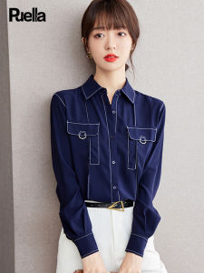 Puella Polo Neck Long Sleeve Womens Shirt Casual Vintage Blue Straight Cut Polyester Fashionable Early Winter Versatile