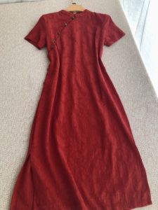 Red Vintage Qipao Dress Short Sleeve Stand Collar Cotton Linen Womens Dress Artistic Retro Style A-Line Midi Dress