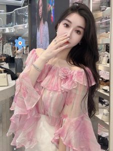 QFN | Pink Off-shoulder Ruffle Chiffon Blouse