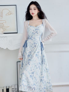 Elegant New Chinese Style Butterfly Floral Print Slimming Waist Design Summer Womens Dress Sleeveless Neckline Gown Skirt
