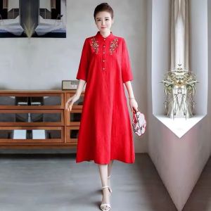 Women Dress Summer New Style Dress Medium Long Printed Jacquard Dress Short Sleeved Slimming Women Dress Stylish High End Dress Fashionable And Versatile Lapel Button Dress Western Style Slimming Pleated Dress