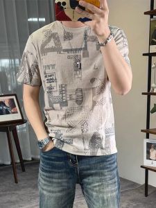 Ice Silk Cotton Linen Short Sleeve T-Shirt Men Summer New round Neck Youth Personality Print Slim Fit Casual Half Sleeve Men