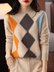 Plus Size Ladies Size Womens Clothing Fall and Winter Quilted Multi-Colored Half-Turtleneck Long Sleeves Woolen Sweater Womens Light Retro Pullover Knitwear Sweater