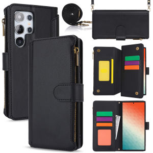 Bằng da nắp gập trường hợp đối với Samsung s23 ultra với diagonal Dây đeo dây bảo hiểm ví Túi bao shell với đồ đựng thẻ vỏ trường hợp với dây thừng cho Samsung galaxy s24 plus s24 ultra s23 plus s22 ultra s23 fe note20 ultra s24u khe cắm thẻ trường hợp bì