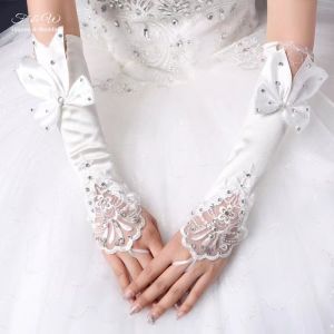 Women Bridal Long Gloves Fingerless Floral Lace Patchwork Mittens Glitter Rhinestone Big Bowknot Gloves Ribbon Off White Bow Gloves for Wedding Bride Dress