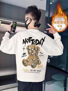 Thickened Fleece Hoodie Mens Long Sleeve Printed Sweatshirt Autumn Winter New Style Streetwear Straight Cut round Neck Youth Top