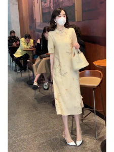 Elegant New Chinese Style Dress Formal Occasion High End Premium Summer A-Line Skirt High Waist Short Sleeve Midi Dress