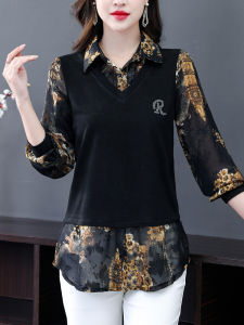 เสื้อเชิ้ตแขนยาวสองชิ้นสำหรับผู้หญิง แฟชั่นฤดูใบไม้ร่วง 2025 ใหม่ สง่างาม สำหรับคุณแม่ วัยกลางคนและผู้สูงอายุ เสื้อผ้าทำงานสไตล์ย้อนยุค